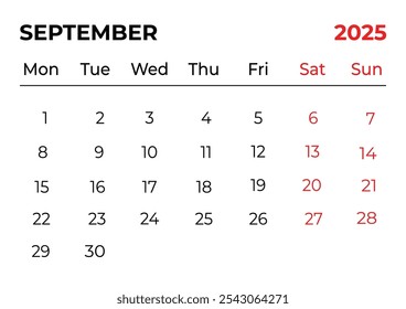 Septiembre 2025 Diseño mensual de calendario de oficina con aspecto limpio y la semana comienza desde el domingo