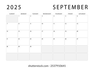 September 2025 monthly planner. Calendar template. Sunday start. Vector design