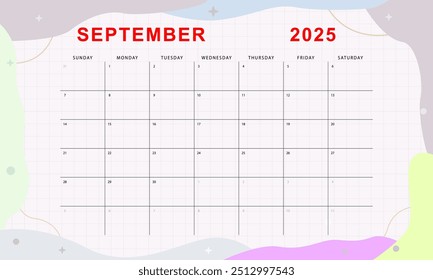 September 2025 monthly planner. Cute calendar template. Sunday start. Vector design