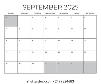 Calendario de oficina de septiembre de 2025, Plantilla de calendario en blanco, Planificador mensual de oficina en el hogar, Calendario de tamaño de carta