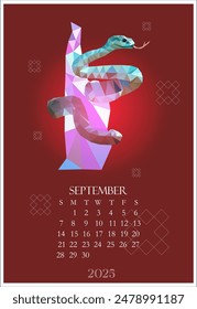 September 2025 Polygonal snake Calendar. Asian Red background. Business poster, planning the days of the week and month. Wall Calendar for print