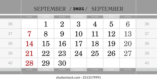 vierteljährlicher Kalenderblock September 2025. Wandkalender auf Englisch, Woche beginnt am Sonntag. Vektorgrafik.