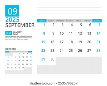 September 2025 template, Calendar planner 2025, week start on Monday, Desk calendar 2025 year, simple planner and clean design, Wall calendar design, Corporate planner template, Business template