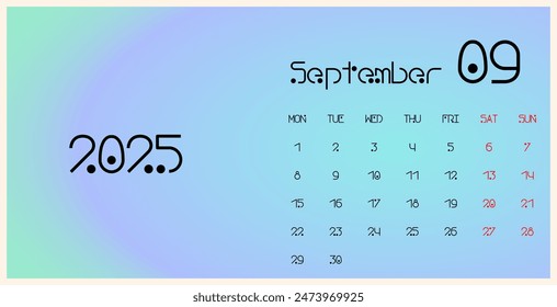 September 2025 template calendar. Trendy gradient background. The week begins on Monday. Ideal for planners, desk calendars, wall calendars, print media, advertisements, and office stationery