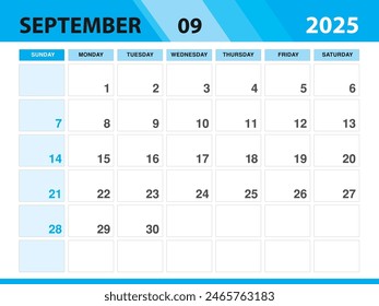 September 2025 template, Calendar 2025 template vector, planner monthly design, Desk calendar 2025, Wall calendar design, Minimal style, advertisement, poster, printing media, green background concept