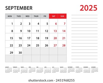 September 2025 year - Calendar 2025 template vector, week start on monday, Desk calendar 2025 year, Wall calendar design, corporate planner template, Stationery, organizer diary, vector