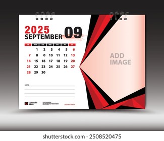 September 2025 year, Desk calendar 2025 template, Printable, Planner, Wall calendar design, Week starts on Sunday, Stationery design, Printing media, advertisement, calendar design vector illustration