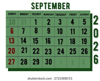 Concepto de calendario de septiembre de 2026. Plantilla del calendario de septiembre. Ilustración vectorial