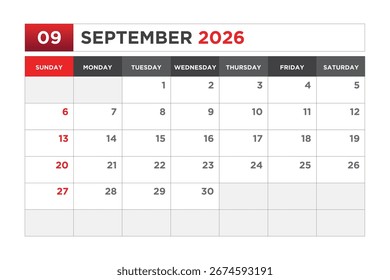 Diseño de calendario de septiembre de 2026, Plantilla de calendario de septiembre imprimible