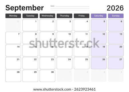 September 2026 calendar or desk planner in soft gray and purple colors with empty note lines, weeks start on Monday, vector illustration design
