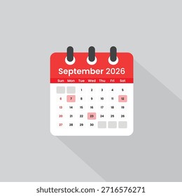 Kalendersymbol-Vektorgrafik September 2026. Clean Monthly Schedule Illustration - Clean September 2026 Kalendersymbol, Vektorgrafik für Büroplanung und Planungsaufgaben.