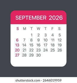 September 2026 Calendar Leaf - Illustration. Vector graphic page