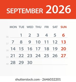 September 2026 Calendar Leaf - Illustration. Vector graphic page