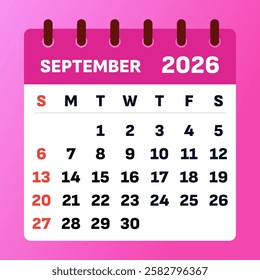 September 2026 Calendar. September 2026 Monthly Planner. september 2026. Pink sep 2026 Time Management Calendar. vector design