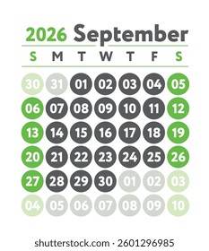 September 2026 calendar. New year planner design. English calender. Green color vector template. Week starts on Sunday. Business planning. 