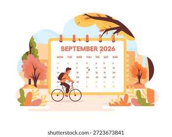 September 2026 Kalenderseite, Vektorgrafik. Ein Student, der in einem Herbstpark mit herabfallenden Blättern Fahrrad fährt. Zurück zur Schule und aktives Lifestyle-Konzept