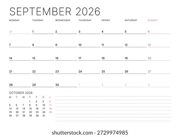 September 2026 calendar planner template. Week starts on Monday. Clean and modern design for business scheduling and organization. Vector illustration for a printable agenda layout