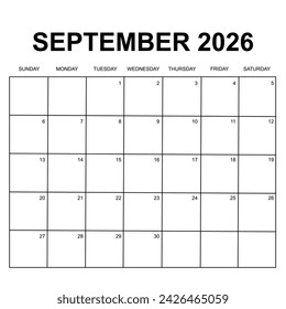 september 2026 calendar. Printable, simple, and clean calendar design. Week starts on sunday.