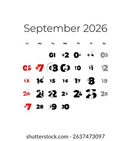 September 2026 calendar for USA vector