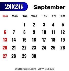 Vector de septiembre de 2026. Calendario de septiembre de 2026.