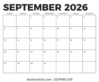September 2026 Calendar. Week starts on Sunday. Blank Calendar Template. Fits Letter Size Page. Stationery Design.