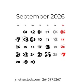 September 2026 calendar. The week starts on Monday, vector
