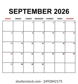 september 2026 with holydays or red dates. monthly calendar design with week starts on sunday. printable, simple, and clean vector design isolated on white background.