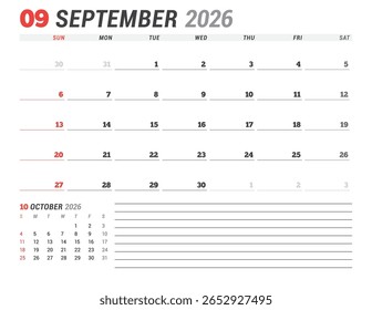 Setembro 2026 Modelo de calendário mensal para planejamento e organização melhora o foco e rastreamento de tarefas semanais com design aberto. A semana começa no domingo. Funciona bem em equipes corporativas