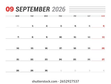 September 2026 Monthly Calendar Template boosts executive control with minimalist blank lines, perfect for workspaces and planning routines, ideal for management use, vector illustration