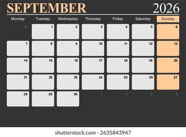 September 2026 monthly desk calendar for 2026 year, The week start on monday, EPS file vector.