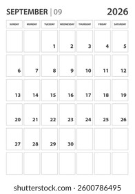 September 2026 year planner template. calendar 2026 year. Black and white monthly and yearly planners. Business planner minimal concept. Desk calendar 2026 year. Week Starts on Sunday, wall calendar.