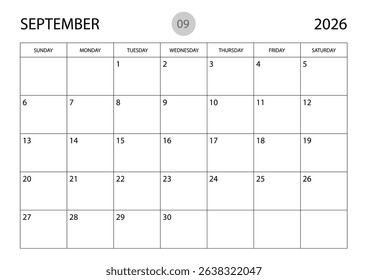September 2026 year planner template, calendar 2026 template, monthly and yearly planners. organizer diary. week start Sunday, corporate planner template, Desk calendar 2026 year, Vector illustration