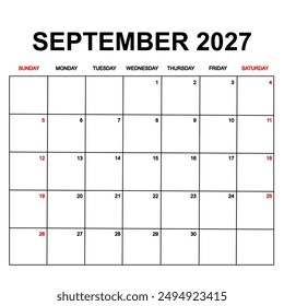 september 2027 calendar with holydays or red dates. monthly calendar design with week starts on sunday. printable, simple, and clean vector design isolated on white background.