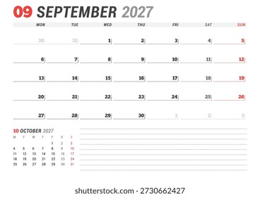 September 2027 calendar planner template. Week starts on Monday. Clean and modern design for business scheduling and organization. Vector illustration for a printable agenda layout