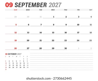 September 2027 calendar planner template. Week starts on Monday. Clean and modern design for business scheduling and organization. Vector illustration for a printable agenda layout