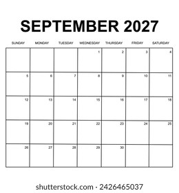 September 2027 calendar. Printable, simple, and clean calendar design. Week starts on Sunday.