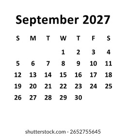 Setembro de 2027. design de calendário mensal. semana começa no domingo. design de vetor imprimível, editável, simples e limpo isolado no fundo branco.
