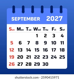 September 2027 monthly calendar featuring a simple and structured design. Ideal for efficient planning and time management.

