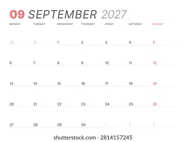 September 2027 monthly planner calendar template. Clean, minimalist vector illustration for web, print. Modern, simple schedule organizer, printable datebook page for business and personal use