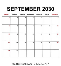 september 2030. Calendar with holydays or red dates. monthly calendar design with week starts on sunday. printable, simple, and clean vector design isolated on white background.