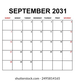 september 2031. Calendar with holydays or red dates. monthly calendar design with week starts on sunday. printable, simple, and clean vector design isolated on white background.