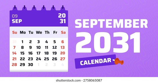 September 2031 calendar. Printable monthly template. 2031 week start sunday. Modern layout style. Vector illustration. Date grid september 2031. Weekend saturday and sunday