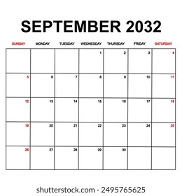 september 2032. Calendar with holydays or red dates. monthly calendar design with week starts on sunday. printable, simple, and clean vector design isolated on white background.