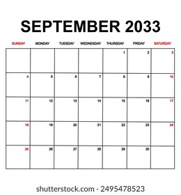 september 2033. Calendar with holydays or red dates. monthly calendar design with week starts on sunday. printable, simple, and clean vector design isolated on white background.