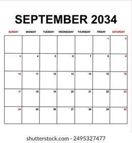 september 2034. Calendar with holydays or red dates. monthly calendar design with week starts on sunday. printable, simple, and clean vector design isolated on white background.