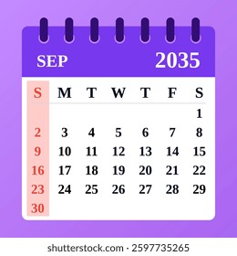 September 2035 Calendar Design. Vector planner. Cozy and seasonal layout