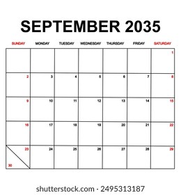 september 2035. Calendar with holydays or red dates. monthly calendar design with week starts on sunday. printable, simple, and clean vector design isolated on white background.