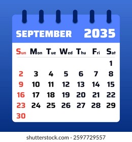 September 2035 Calendar Template. Vector Illustration. Flat layout.