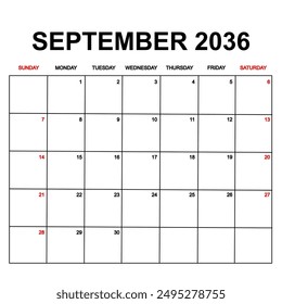 september 2036. Calendar with holydays or red dates. monthly calendar design with week starts on sunday. printable, simple, and clean vector design isolated on white background.