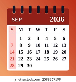 September 2036 Calendar Layout. Monthly planner. September 2036 Flat Calendar Design. Vector illustration."